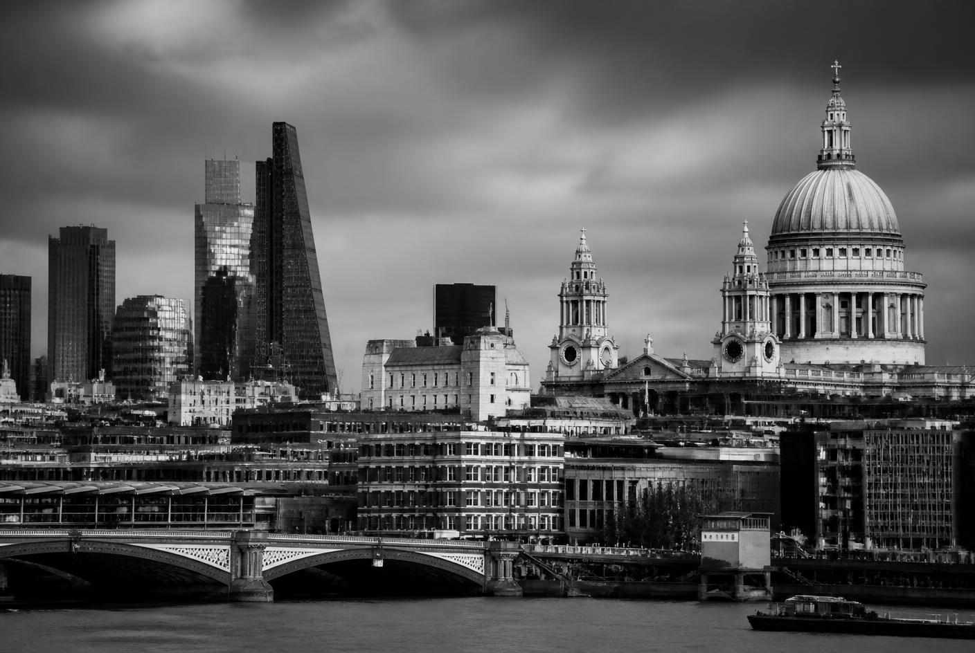 City business district skyline in black and white