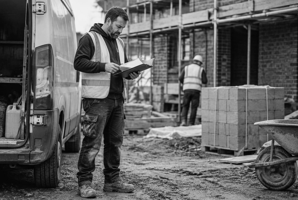 Construction subcontractor in a hi-vis vest reviewing paperwork on a clipboard beside his van on a building site