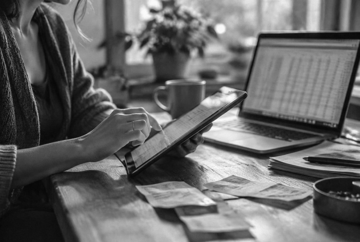 Business owner keeping digital records on a tablet with a laptop and receipts on the desk