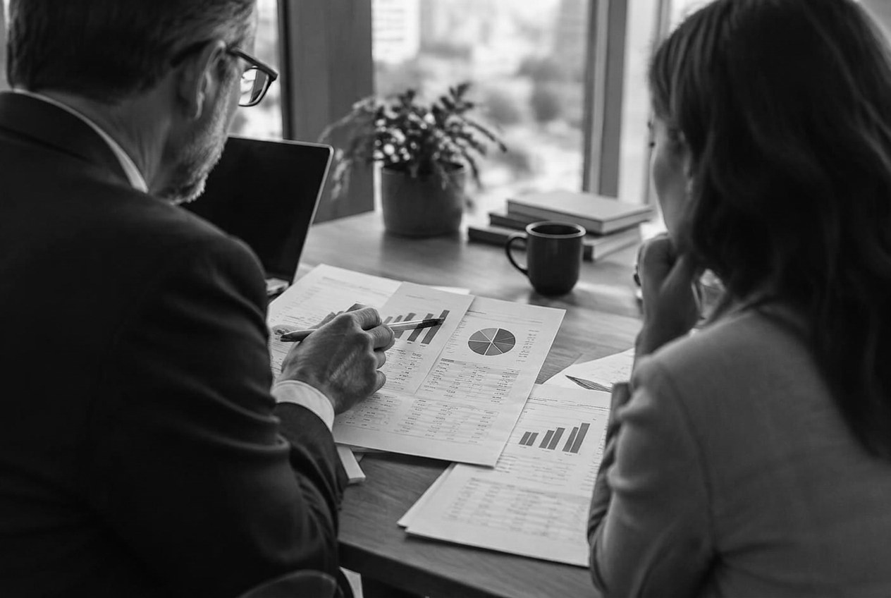 Tax planning meeting with an adviser pointing to financial figures on printed documents